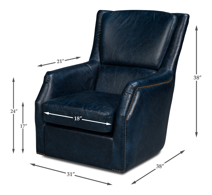 American Home Furniture | Sarreid - Baker Leather Swivel Chair - Chateau Blue