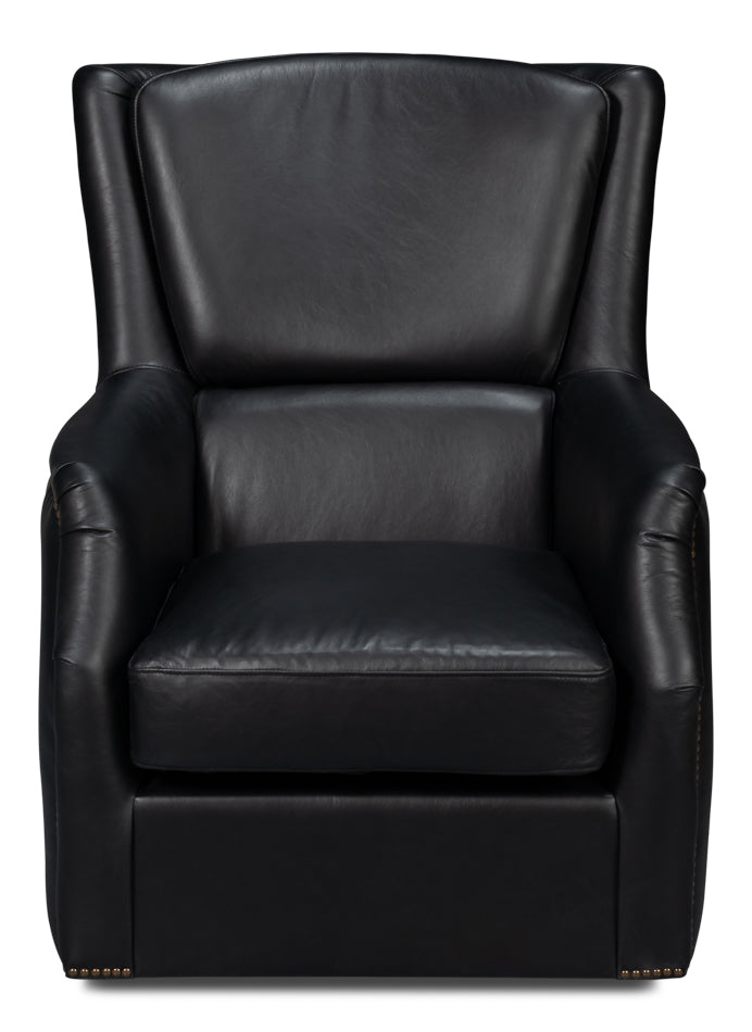 American Home Furniture | Sarreid - Baker Leather Swivel Chair - Onyx Black