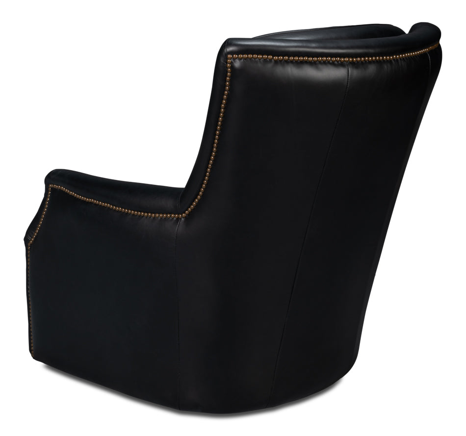 American Home Furniture | Sarreid - Baker Leather Swivel Chair - Onyx Black