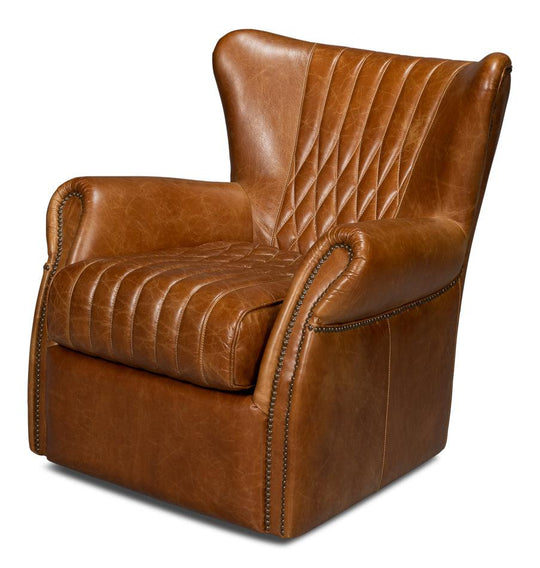 Sarreid Bugatti Leather Swivel Chair - Cuba Brown ACCENT + LOUNGE CHAIRS