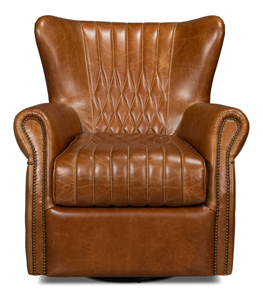 American Home Furniture | Sarreid - Bugatti Leather Swivel Chair - Cuba Brown