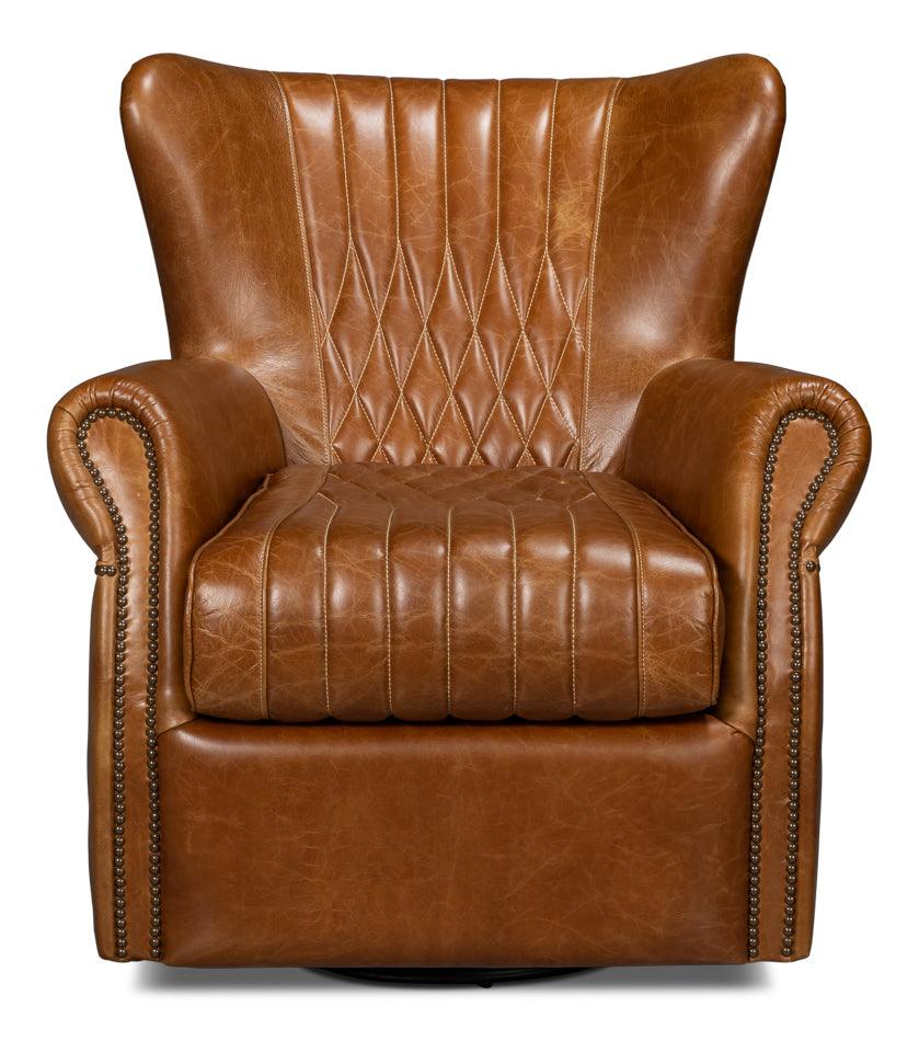 Sarreid Bugatti Leather Swivel Chair - Cuba Brown ACCENT + LOUNGE CHAIRS