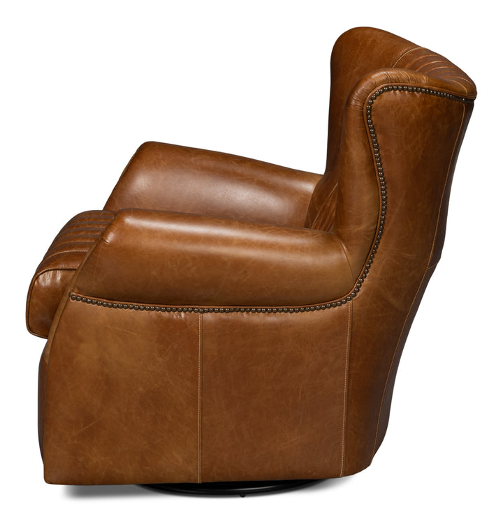 American Home Furniture | Sarreid - Bugatti Leather Swivel Chair - Cuba Brown