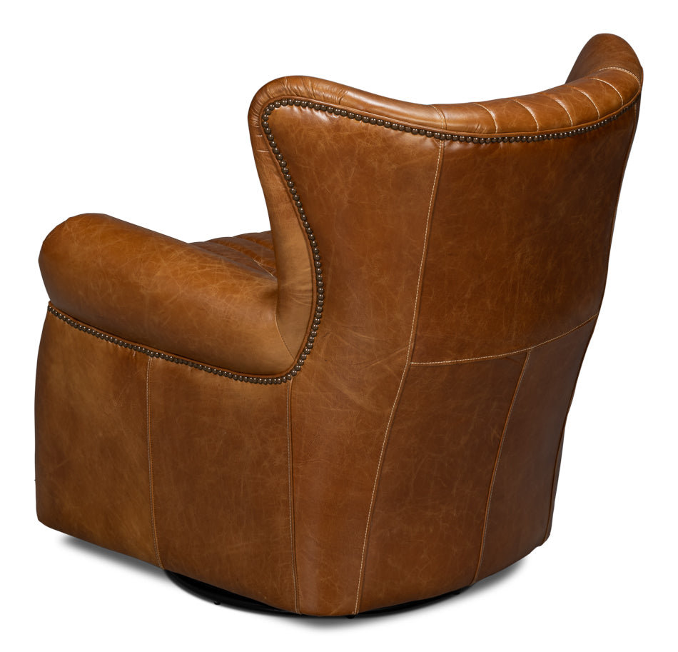 American Home Furniture | Sarreid - Bugatti Leather Swivel Chair - Cuba Brown