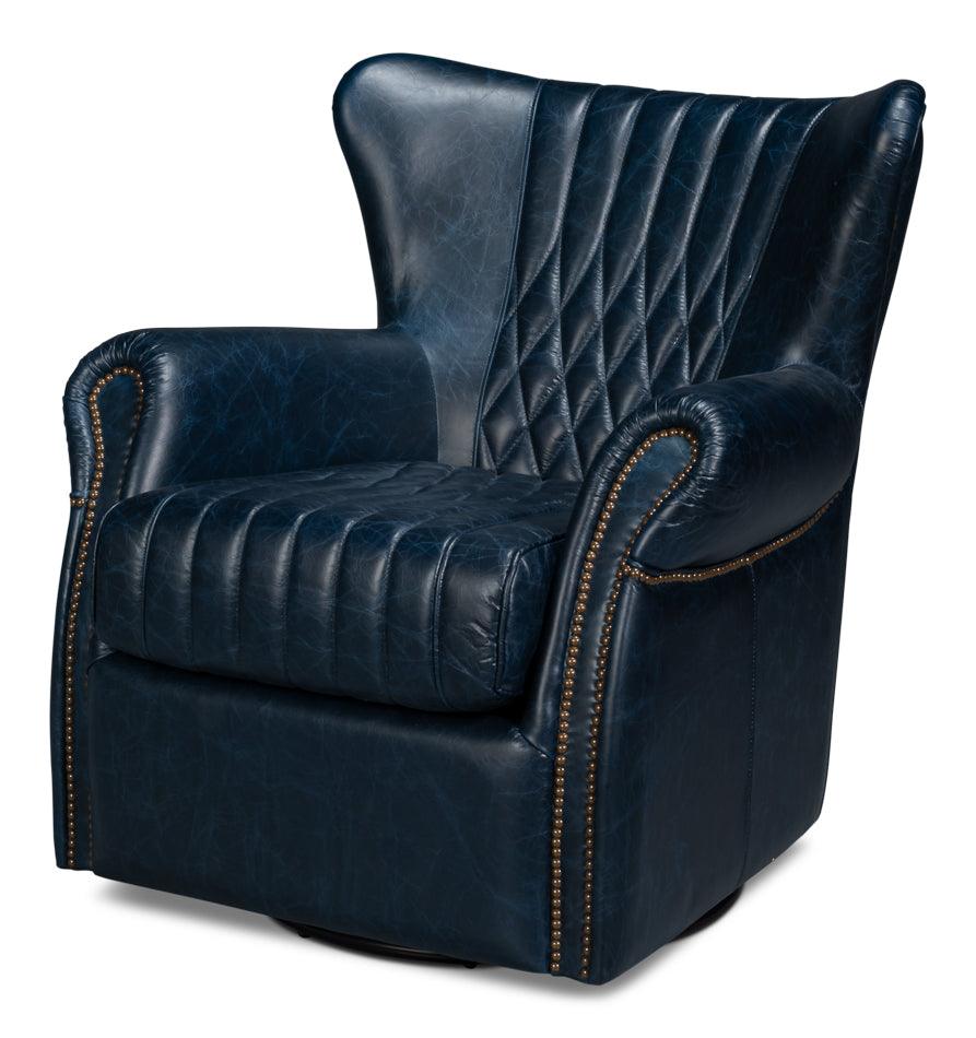 Sarreid Bugatti Leather Swivel Chair - Blue ACCENT + LOUNGE CHAIRS
