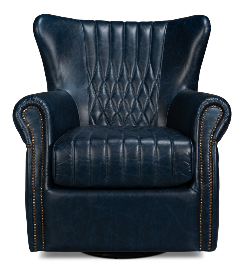 American Home Furniture | Sarreid - Bugatti Leather Swivel Chair - Blue