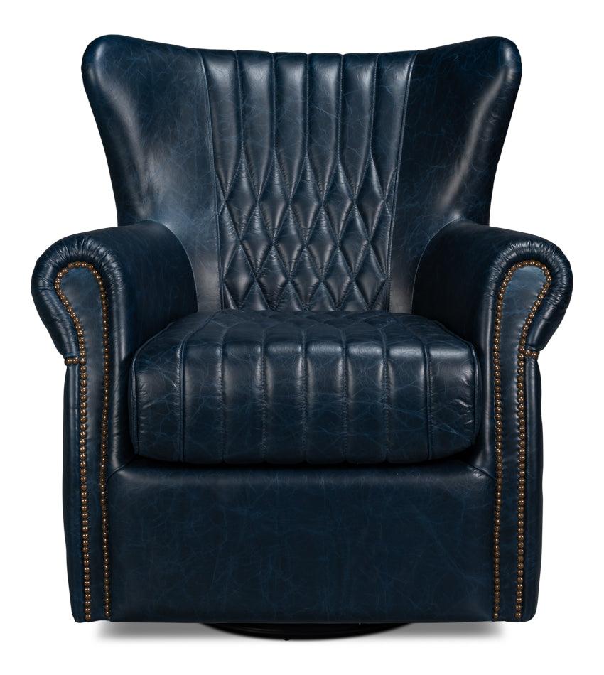 Sarreid Bugatti Leather Swivel Chair - Blue ACCENT + LOUNGE CHAIRS