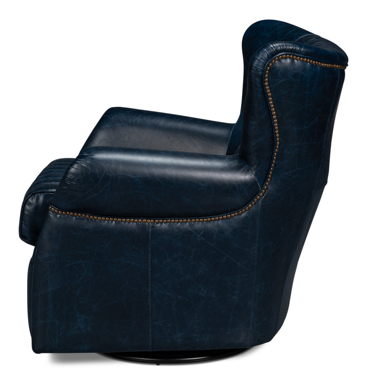 American Home Furniture | Sarreid - Bugatti Leather Swivel Chair - Blue