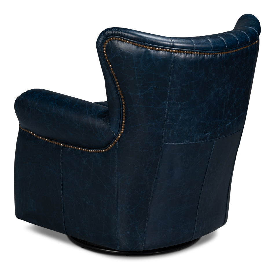 American Home Furniture | Sarreid - Bugatti Leather Swivel Chair - Blue