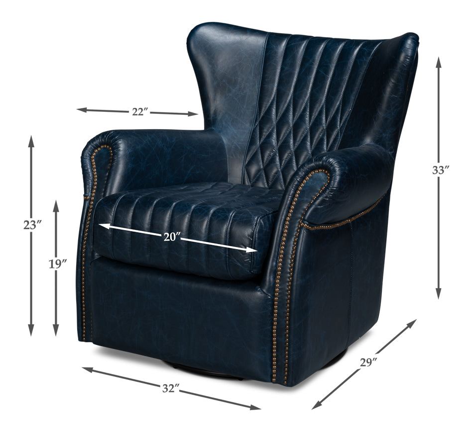 American Home Furniture | Sarreid - Bugatti Leather Swivel Chair - Blue