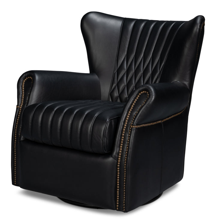 American Home Furniture | Sarreid - Bugatti Leather Swivel Chair Onyx Black 