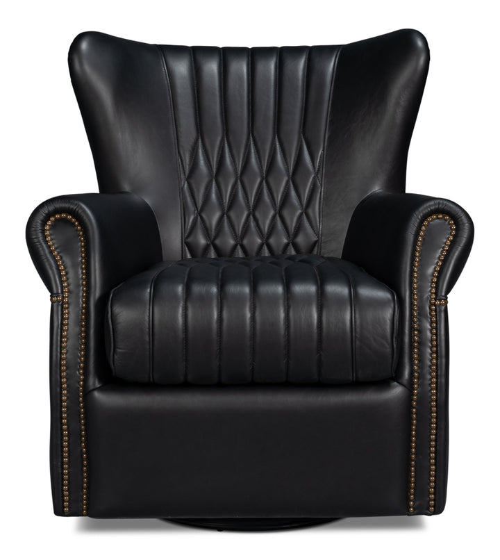 American Home Furniture | Sarreid - Bugatti Leather Swivel Chair Onyx Black 