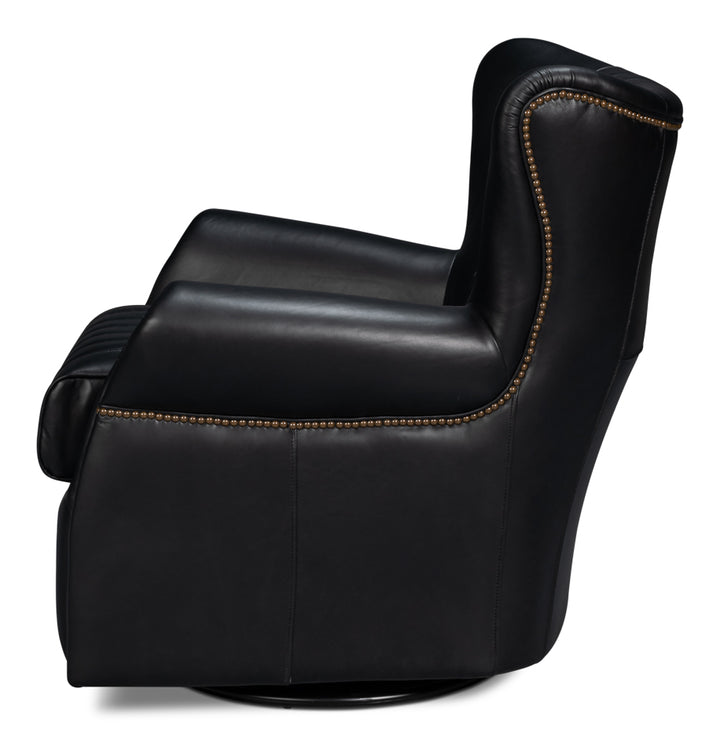 American Home Furniture | Sarreid - Bugatti Leather Swivel Chair Onyx Black 