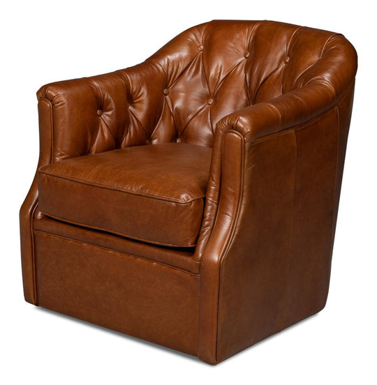 Sarreid Coolidge Leather Swivel Chair Havana Brn ACCENT + LOUNGE CHAIRS