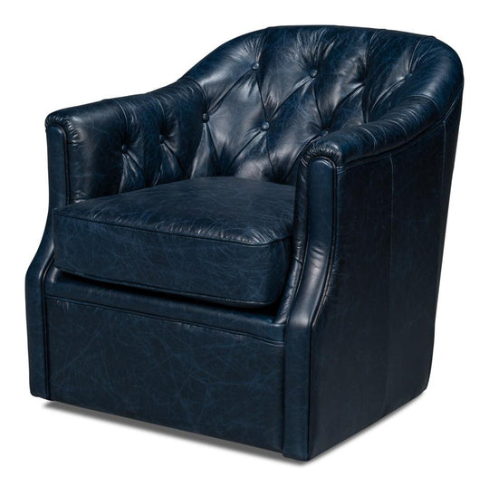 Sarreid Coolidge Leather Swivel Chair - Blue ACCENT + LOUNGE CHAIRS