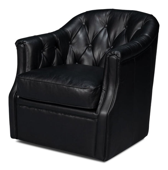 Sarreid Coolidge Leather Swivel Chair - Black ACCENT + LOUNGE CHAIRS