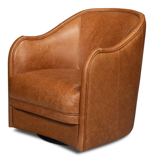 Sarreid Braxton Leather Swivel Chair - Brown ACCENT + LOUNGE CHAIRS