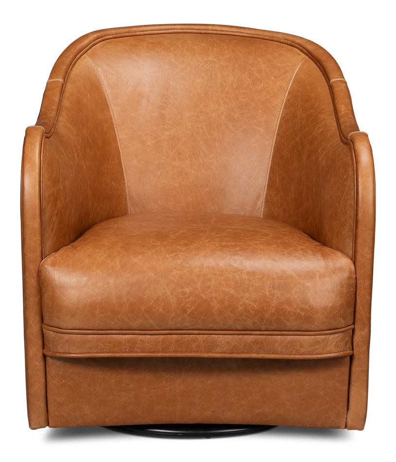 Sarreid Braxton Leather Swivel Chair - Brown ACCENT + LOUNGE CHAIRS