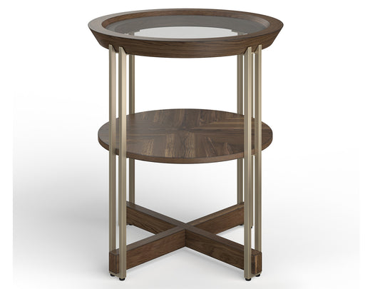 Elora Walnut And Tarnished Silver And Clear Glass Round End Table - T5639-05