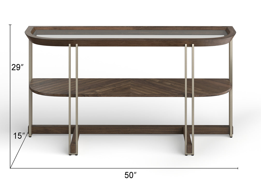 Elora Walnut And Tarnished Silver And Clear Glass Demilune Sofa Table - T5639-75
