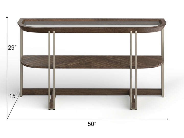 Elora Walnut And Tarnished Silver And Clear Glass Demilune Sofa Table - T5639-75
