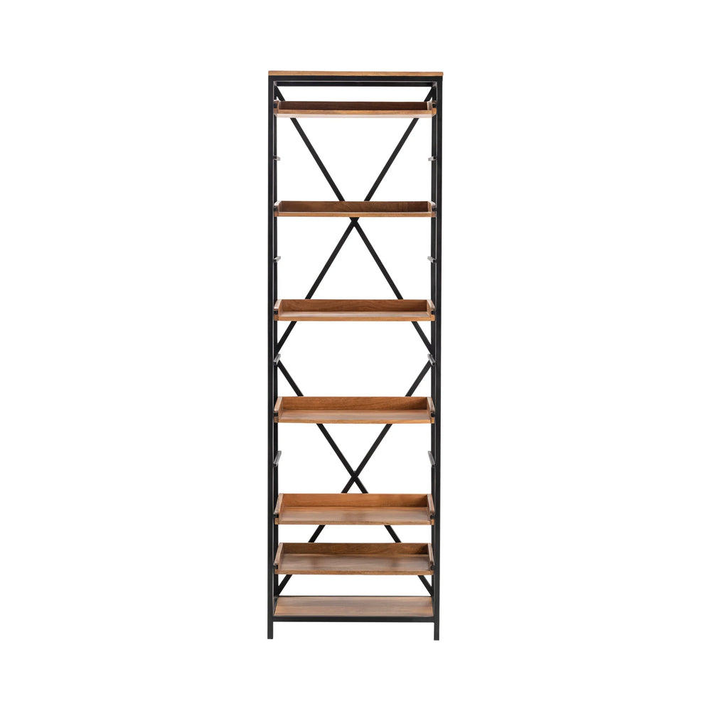 Tall Iron And Wood Bookshelf With Seven Shelves - AmericanHomeFurniture