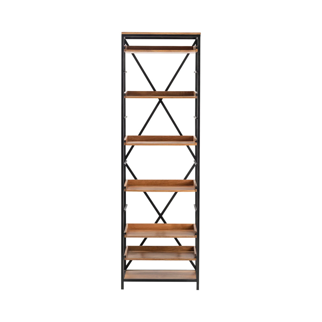 Tall Iron And Wood Bookshelf With Seven Shelves - AmericanHomeFurniture