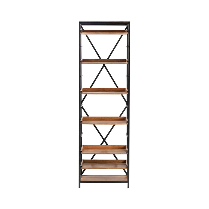 Tall Iron And Wood Bookshelf With Seven Shelves - AmericanHomeFurniture