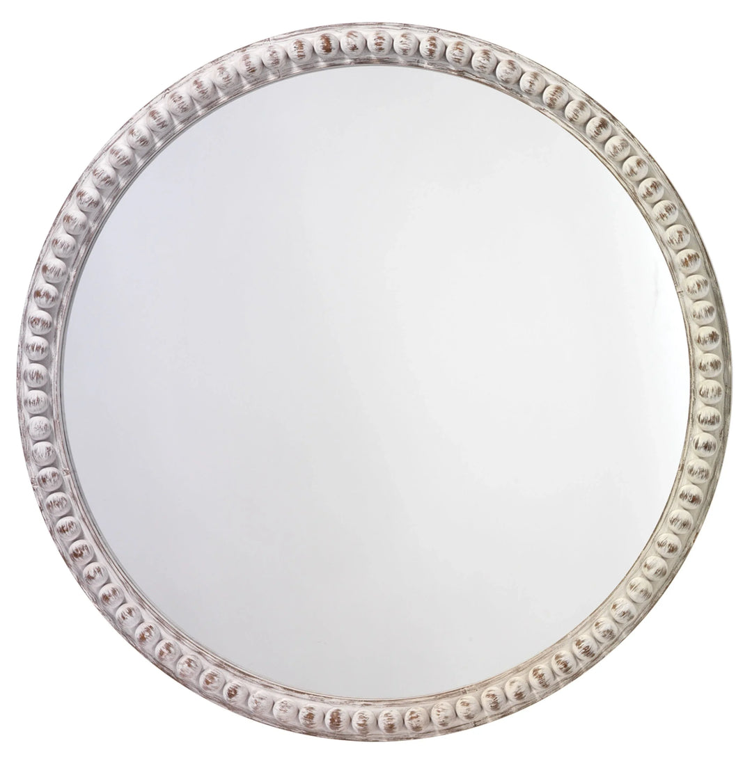 Audrey Beaded Wood Round Wall Mirror, White Washed - AmericanHomeFurniture