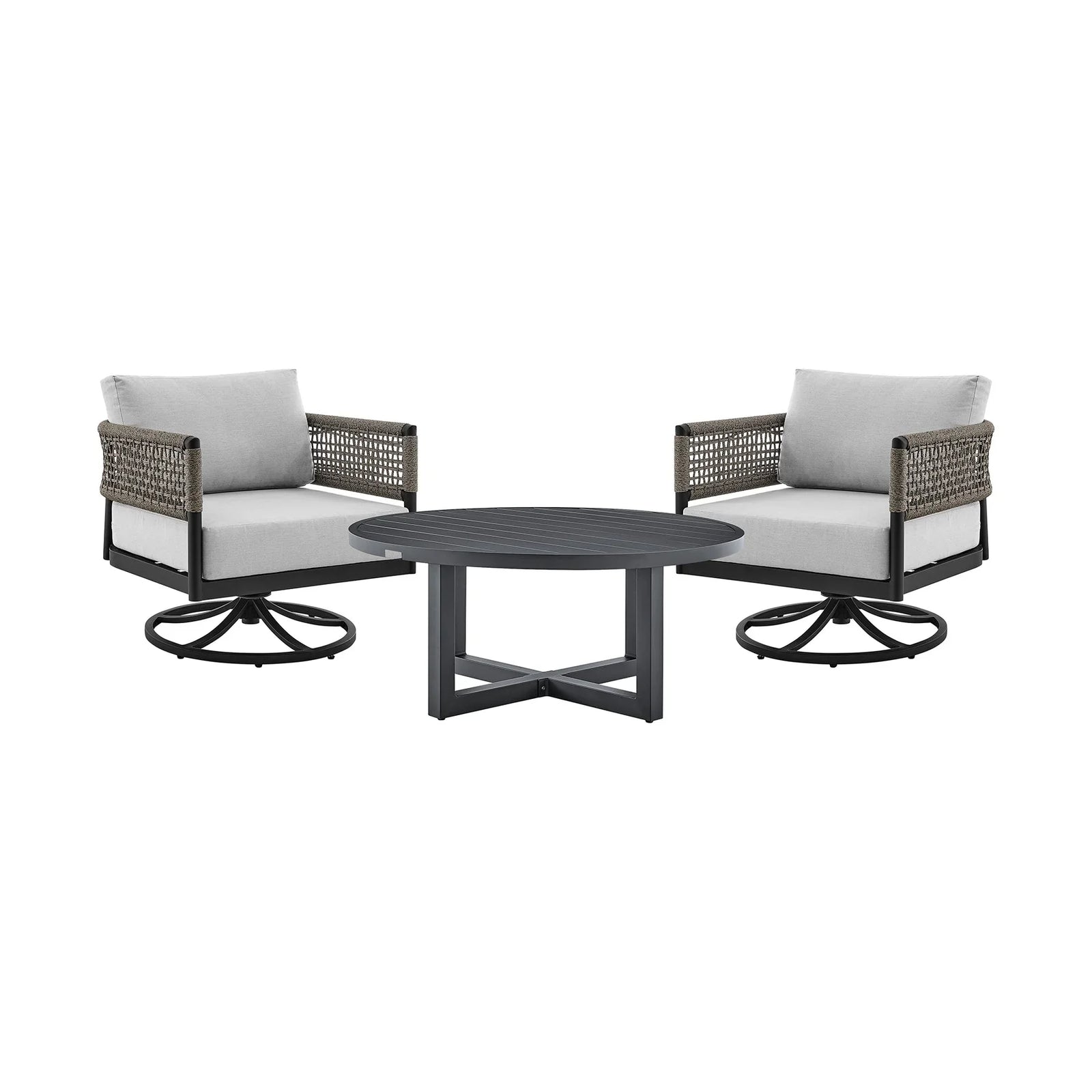 American Home Furniture Armen Living Alegria and Menorca 3 Piece Patio Outdoor Swivel Seating Set
