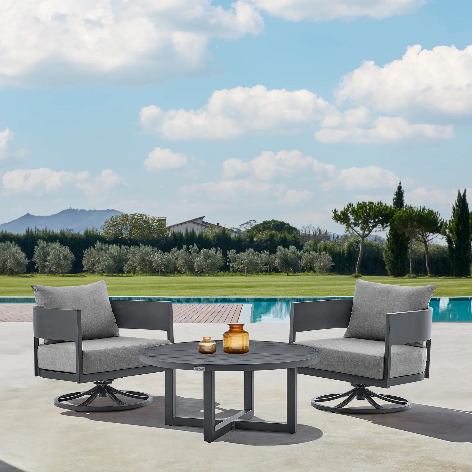 American Home Furniture Armen Living Argiope 3 Piece Patio Outdoor Swivel Seating Set