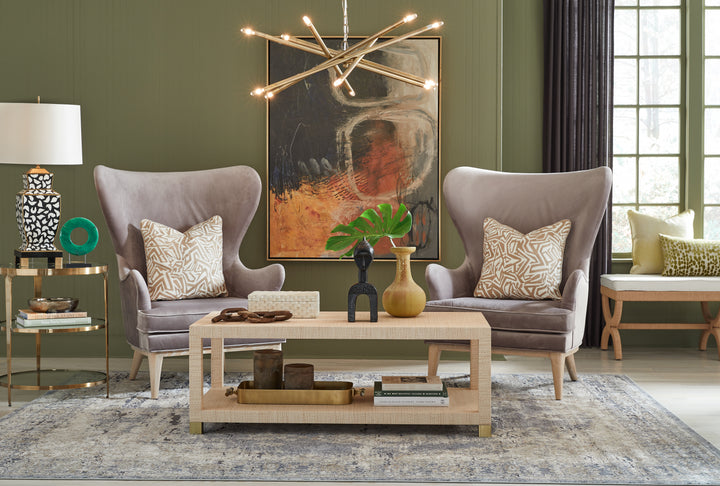 Coffee Table With Antique Brass Foot Caps In Natural Grasscloth - PATRICIA NAT