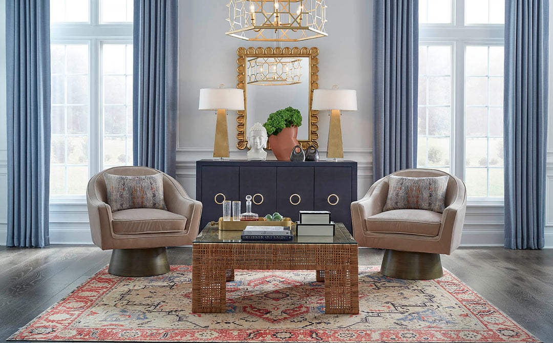 Four Door Buffet With Antique Brass Circle Hardware In Textured Navy Linen - RUE NVY