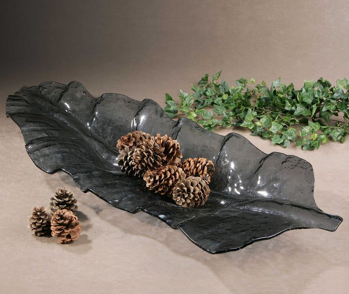 American Home Furniture Uttermost Smoked Leaf Glass Tray