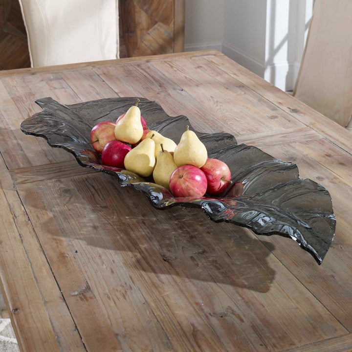 American Home Furniture Uttermost Smoked Leaf Glass Tray