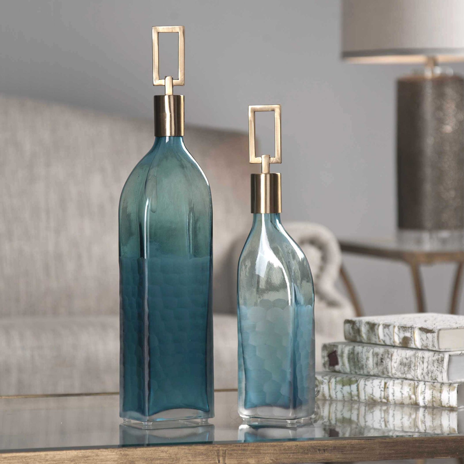 American Home Furniture Uttermost Annabella Teal Glass Bottles, Set of 2