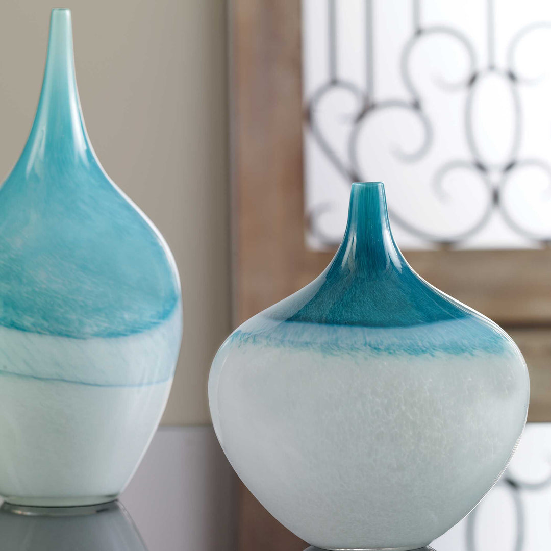 American Home Furniture Uttermost Carla Teal White Vases, Set of 2