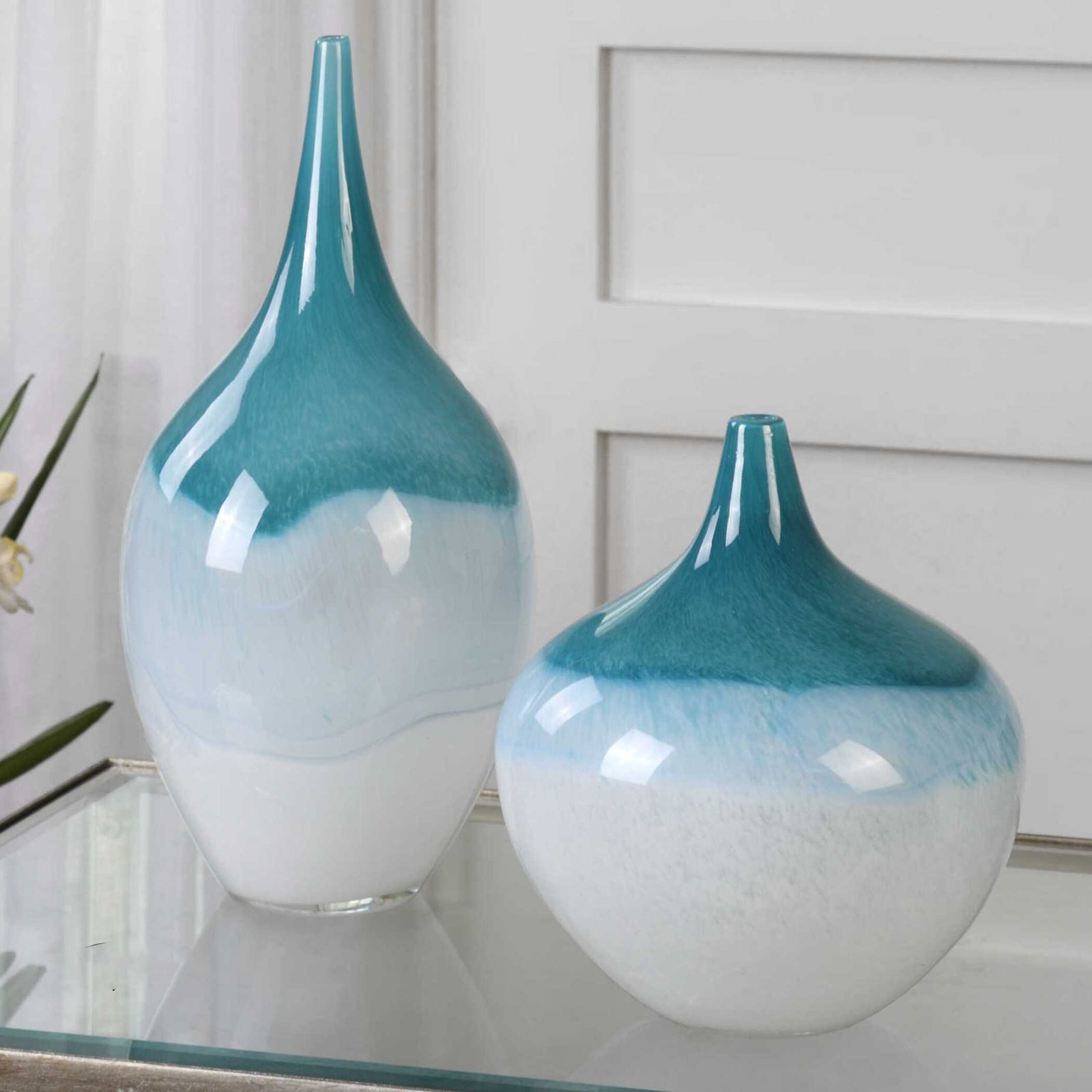 American Home Furniture Uttermost Carla Teal White Vases, Set of 2