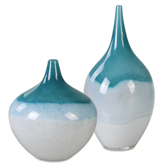 American Home Furniture Uttermost Carla Teal White Vases, Set of 2