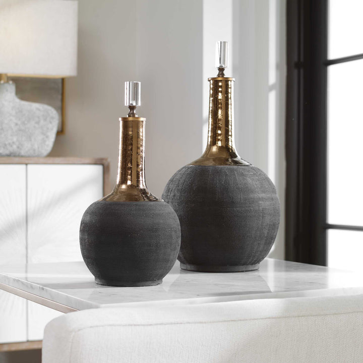 American Home Furniture Uttermost Arnav Matte Black Bottles, Set of 2