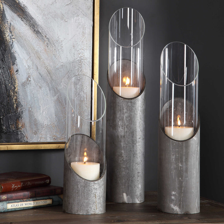 American Home Furniture Uttermost Karter Iron & Glass Candleholders Set/3