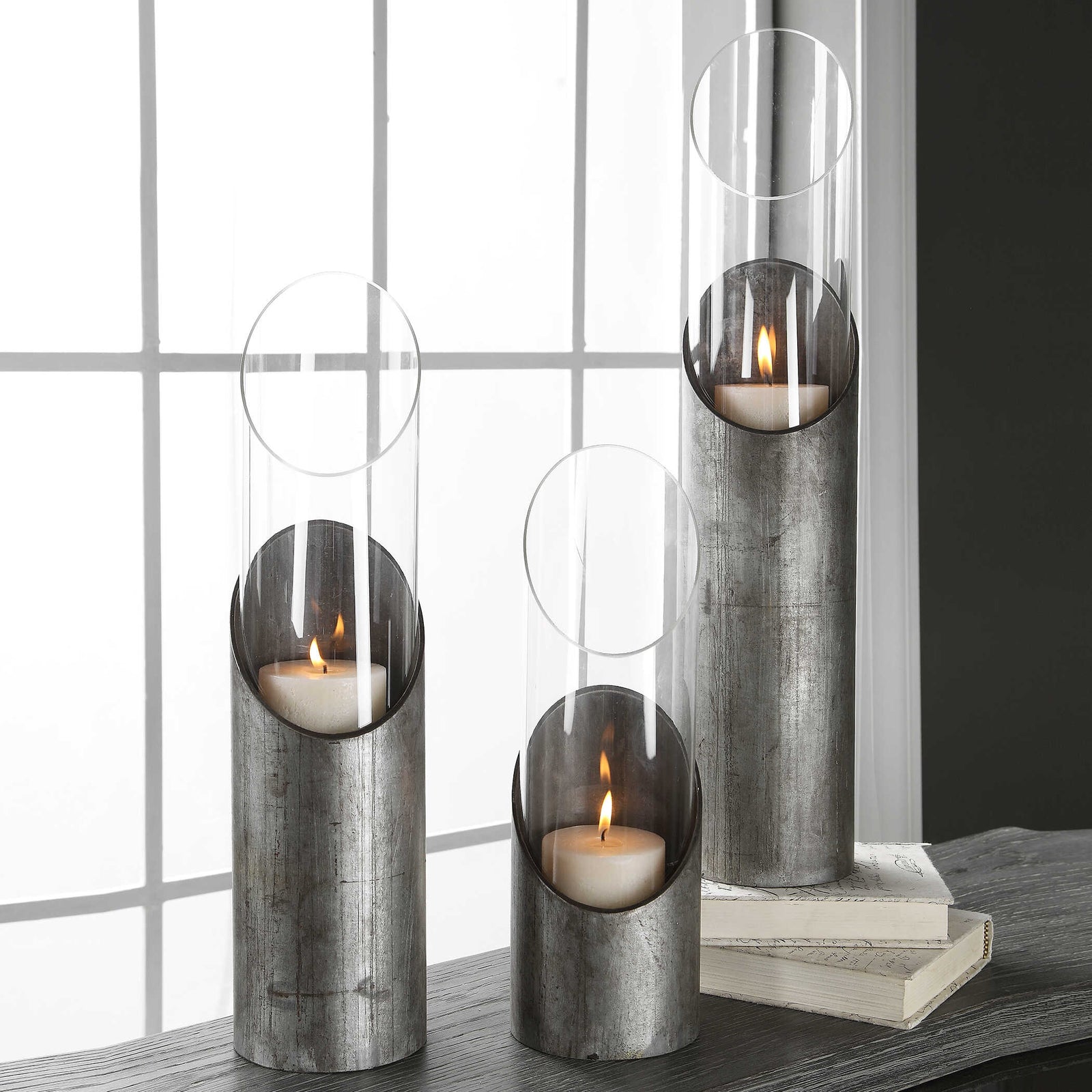 American Home Furniture Uttermost Karter Iron & Glass Candleholders Set/3