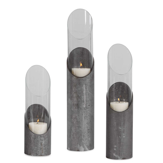 American Home Furniture Uttermost Karter Iron & Glass Candleholders Set/3