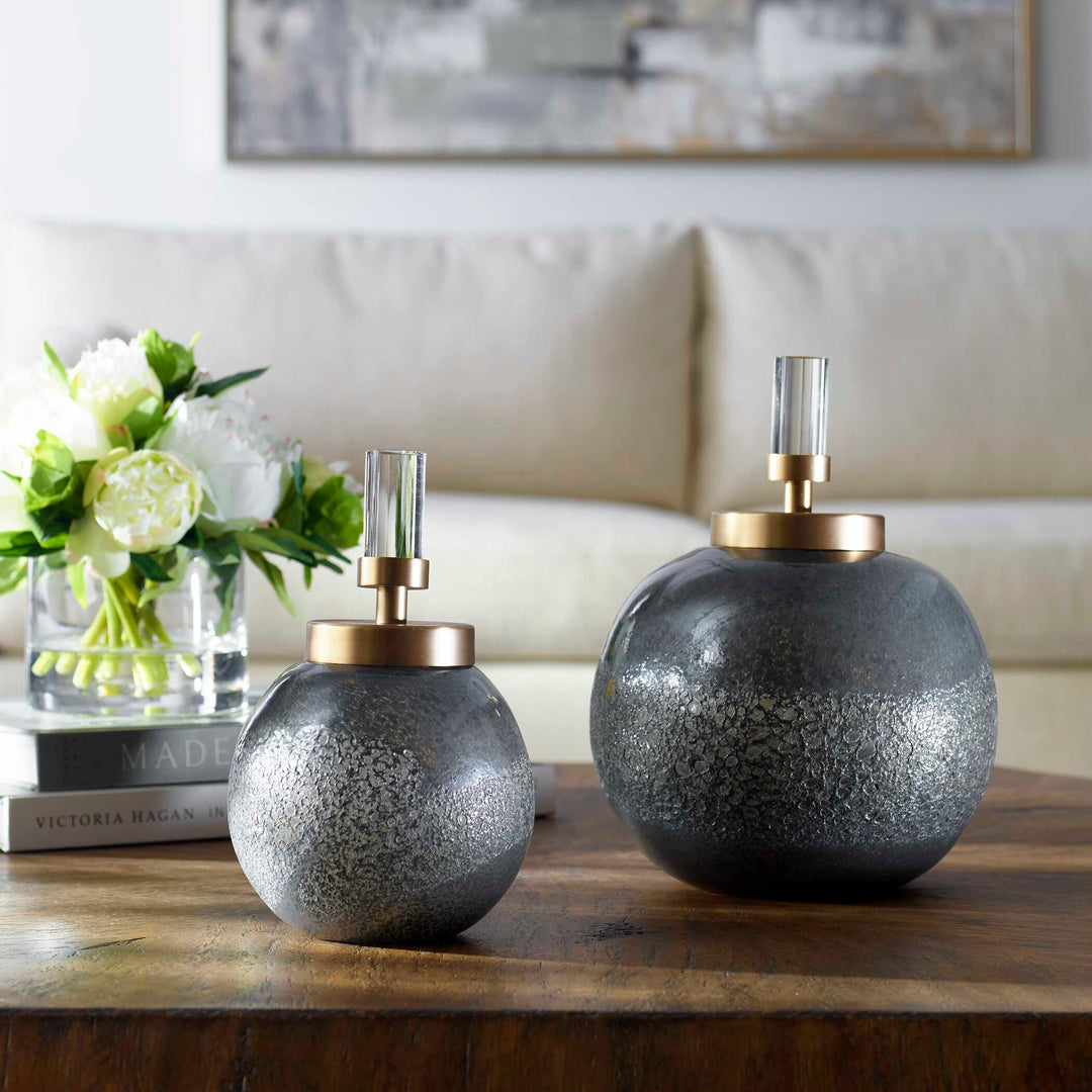 American Home Furniture Uttermost Cessair Art Glass Bottles, Set of 2
