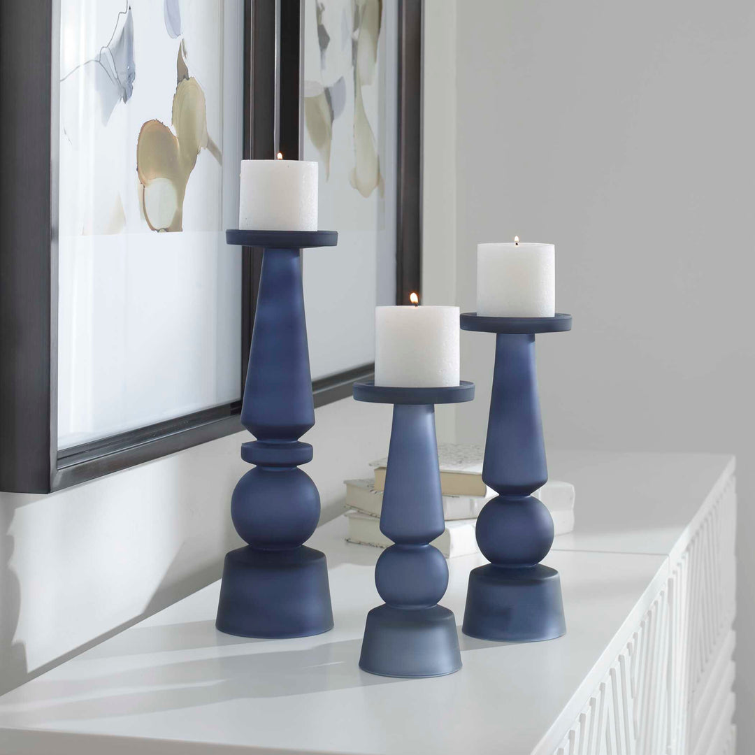 American Home Furniture Uttermost Cassiopeia Blue Glass Candleholders, Set of 3