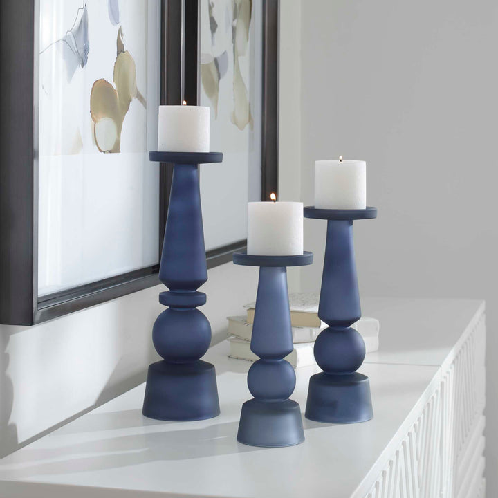 American Home Furniture Uttermost Cassiopeia Blue Glass Candleholders, Set of 3