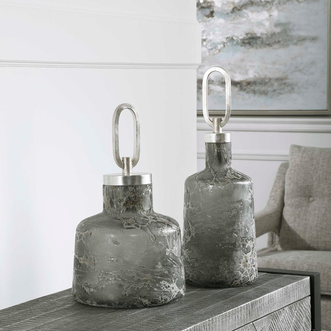 American Home Furniture Uttermost Storm Art Glass Bottles, Set of 2