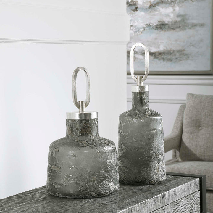 American Home Furniture Uttermost Storm Art Glass Bottles, Set of 2