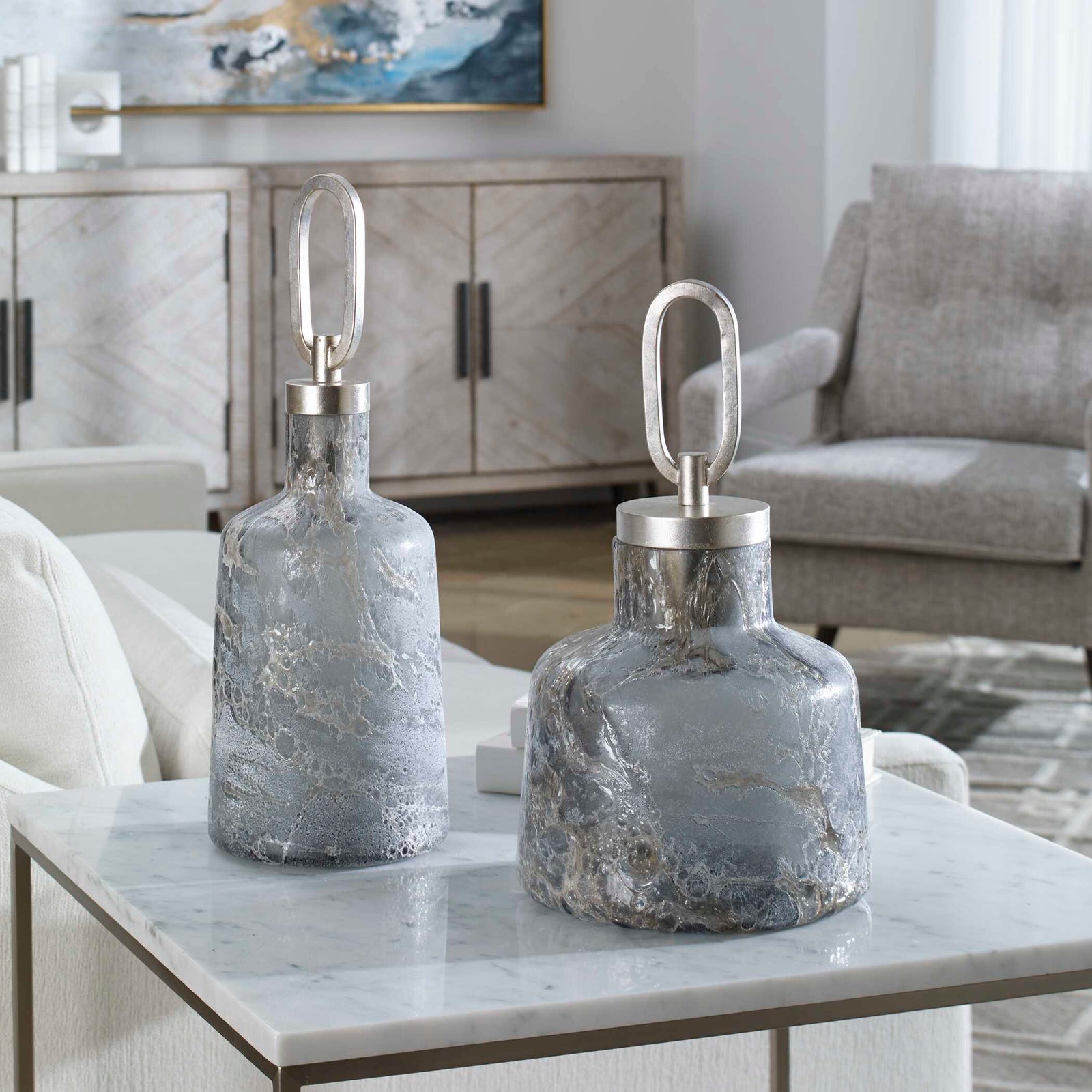 American Home Furniture Uttermost Storm Art Glass Bottles, Set of 2