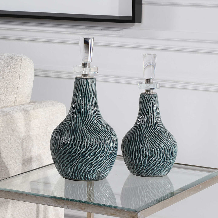 American Home Furniture Uttermost Almera Dark Teal Bottles, Set of 2